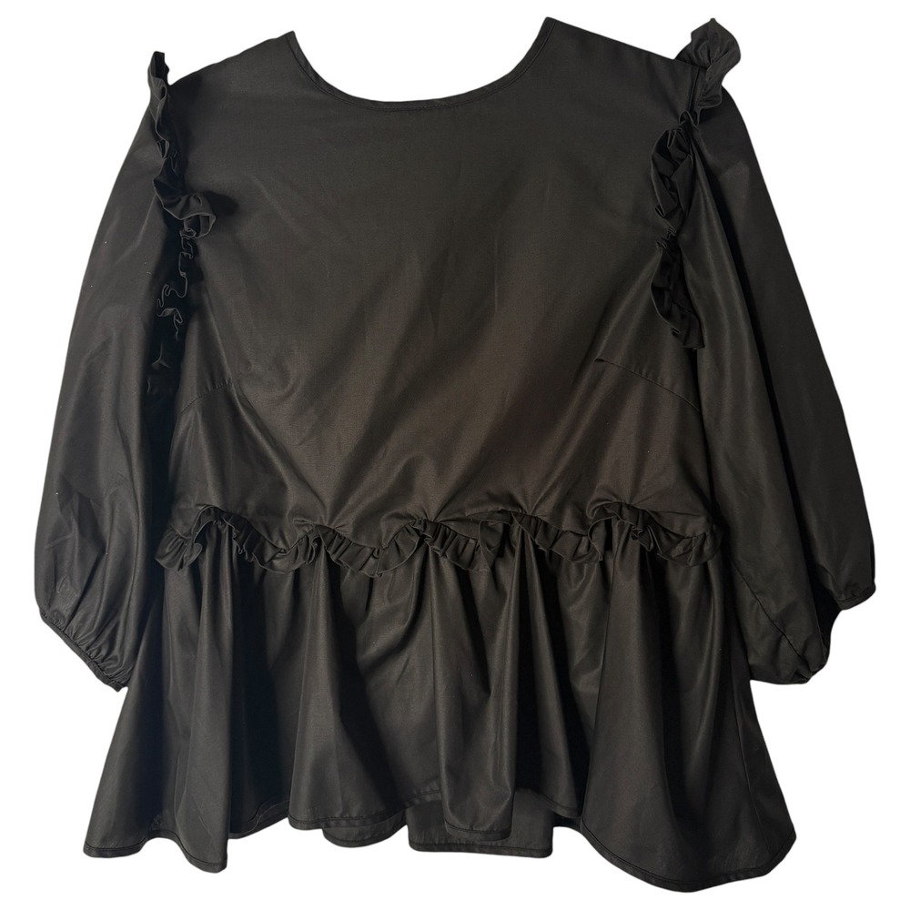 En Saison Black Ruffle Poplin Parisian Blouse Puff Sleeve Tie Back Womens Medium